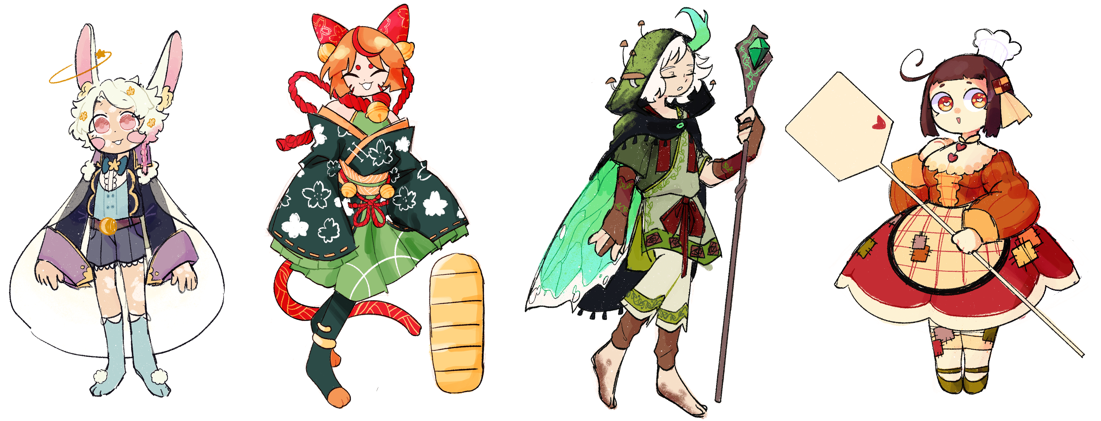 Character designs of various themes done in 2020, from left to right: Moon Rabbit, Lucky Cat, Druid, and Baker.