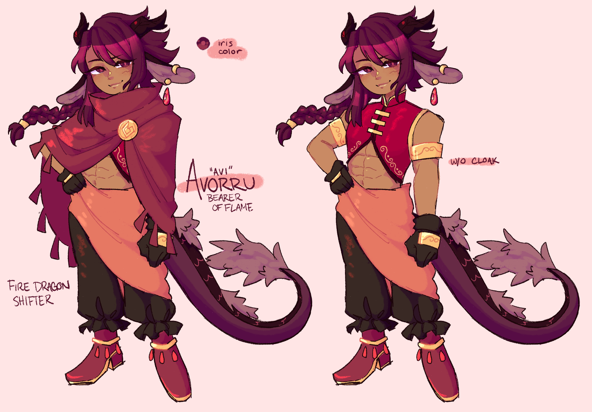 Character reference sheet of original character Avorru, fire dragon shifter, with two versions with and without cloak.