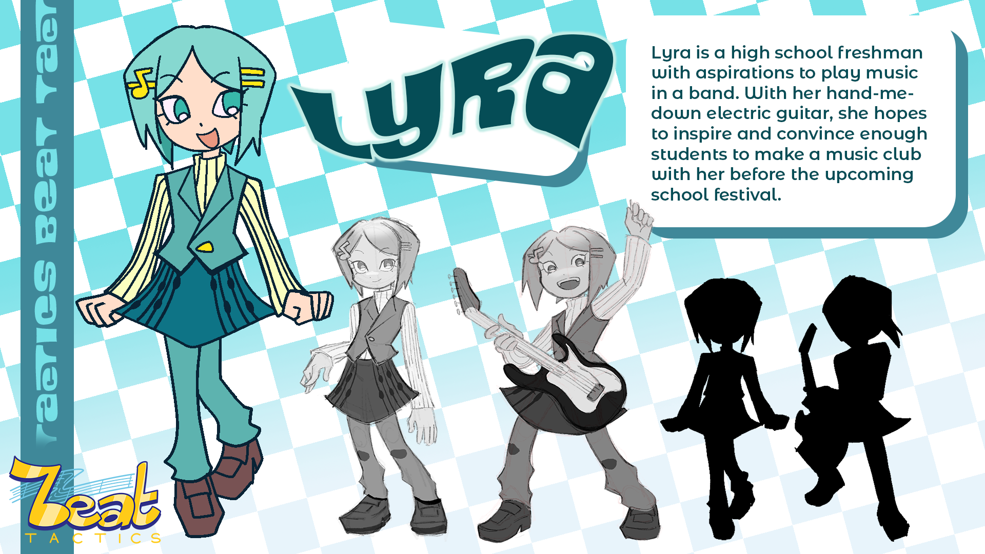Character reference sheet, Lyra, in four poses.